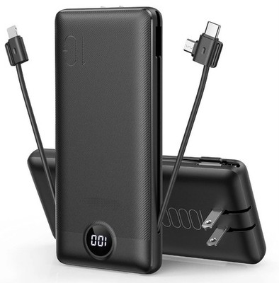 Portable Charger Built-in Cables and AC Wall Plug, USB C Power Bank 10000mAh