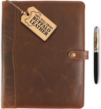 Leather Portfolio Binder with Pen, Resume Organizer, Notepad, Card Holder Brown