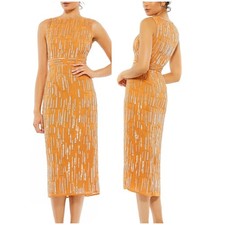 Mac Duggal NWT Abstract Beaded Sleeveless Midi Sheath Dress Sz 0 Orange Saffron