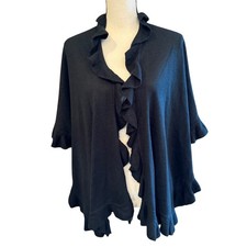 Black Ruffle Trim Open front Poncho Cape Shawl, One Size