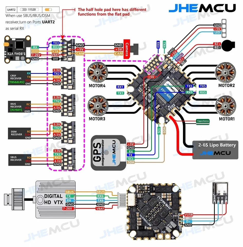 JHEMCU GHF722AIOHD 2S~6S AIO F722 FC Baro OSD BlackBox 40A 4in1 ESC for Drones - Image 2 of 4