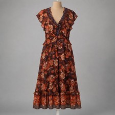 Romantic Floral Ruffle Peasant Maxi Dress Sz M Red Cottagecore Fairy Boho Lined