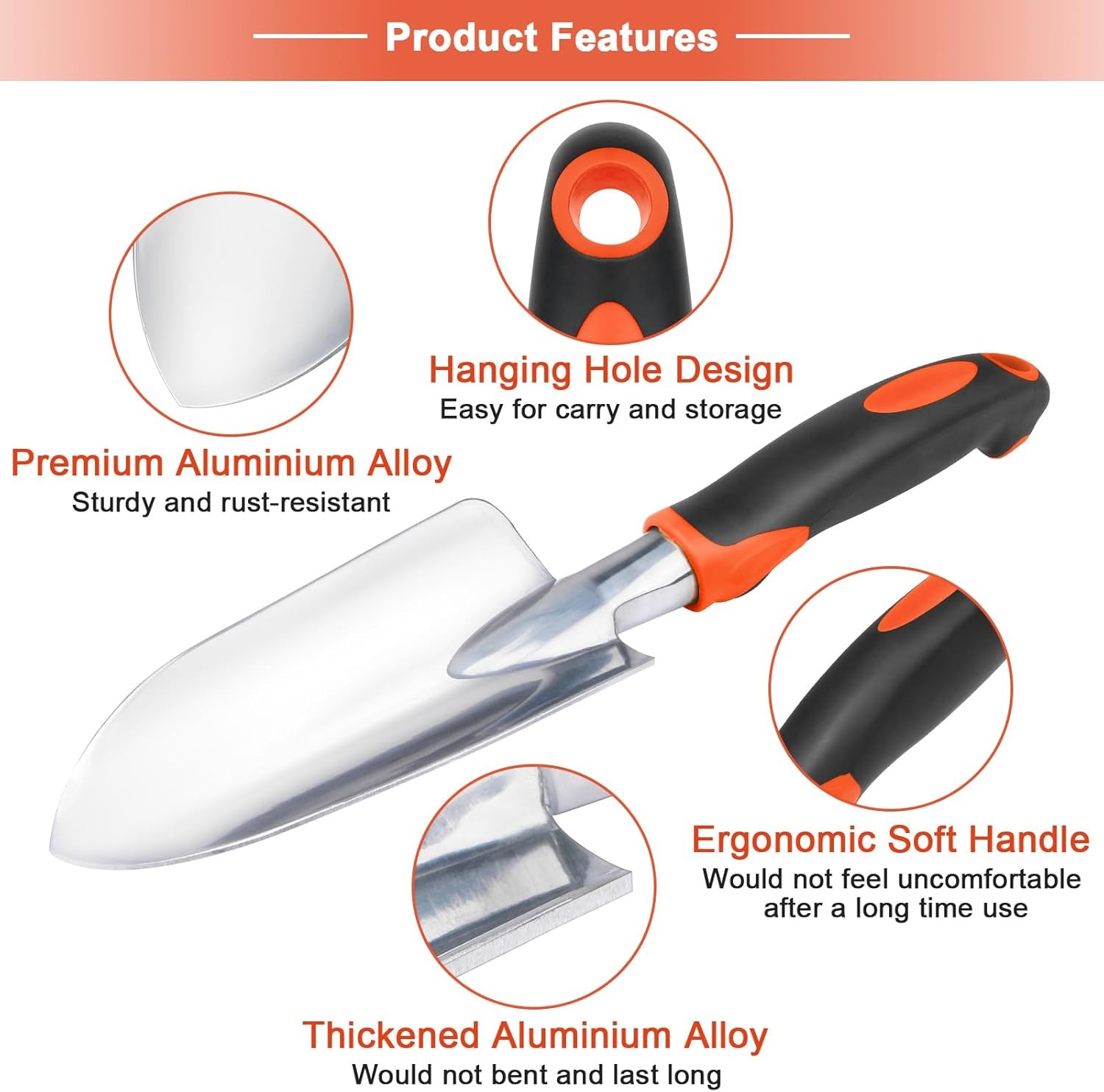 3 Pack Heavy Duty Garden Tools Set Shovel Trowel Hand Rake Orange Ergonomic alternate view 3