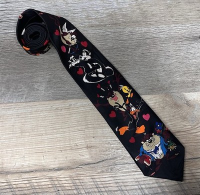 VTG Warner Bros Looney Tunes Mania 1995 Retro Neck Tie Novelty Taz Love & Hearts