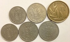BELGIUM FRANCS SET OF 6 COINS: 20f-1981;5f-1950,1964,1965;1f-1977,1978