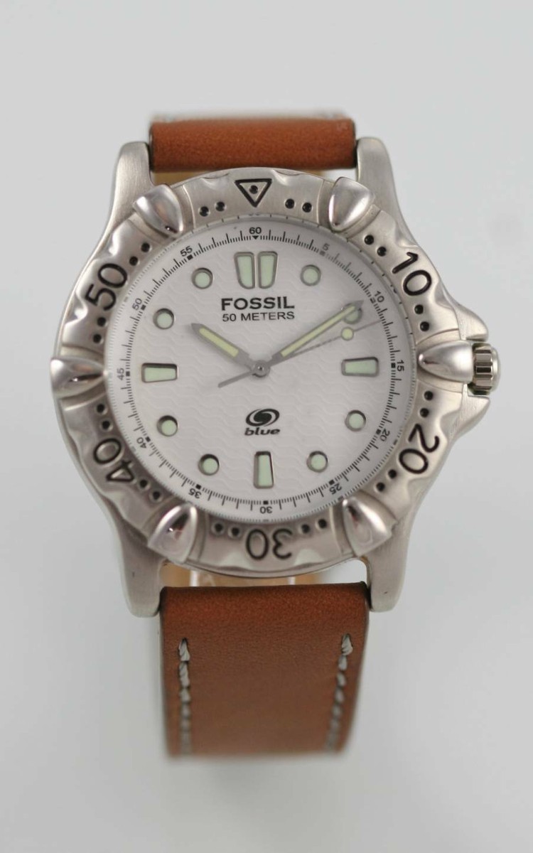 Fossil Watch Mens Brown Leather Stainless Silver Water Resistant