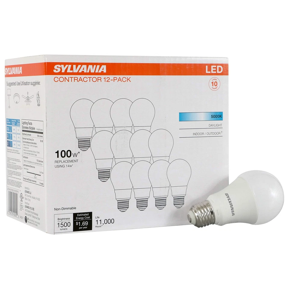 Bombilla LED SYLVANIA A19, 14W = 100W, no regulable, luz diurna 5000K, paquete de 12 Foto 3 de 4