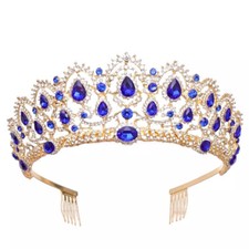 Blue Gold Crystal Crown Tiara real metal gift birthday gift diadem bridal