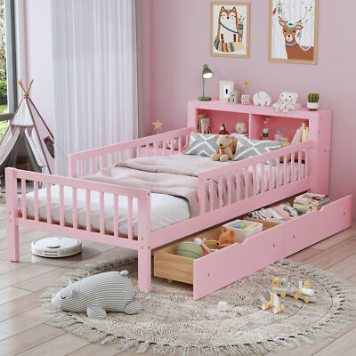 Woos Twin Size Bed with Storage Headboard Two Under-Bed Drawers Guardrails Pink