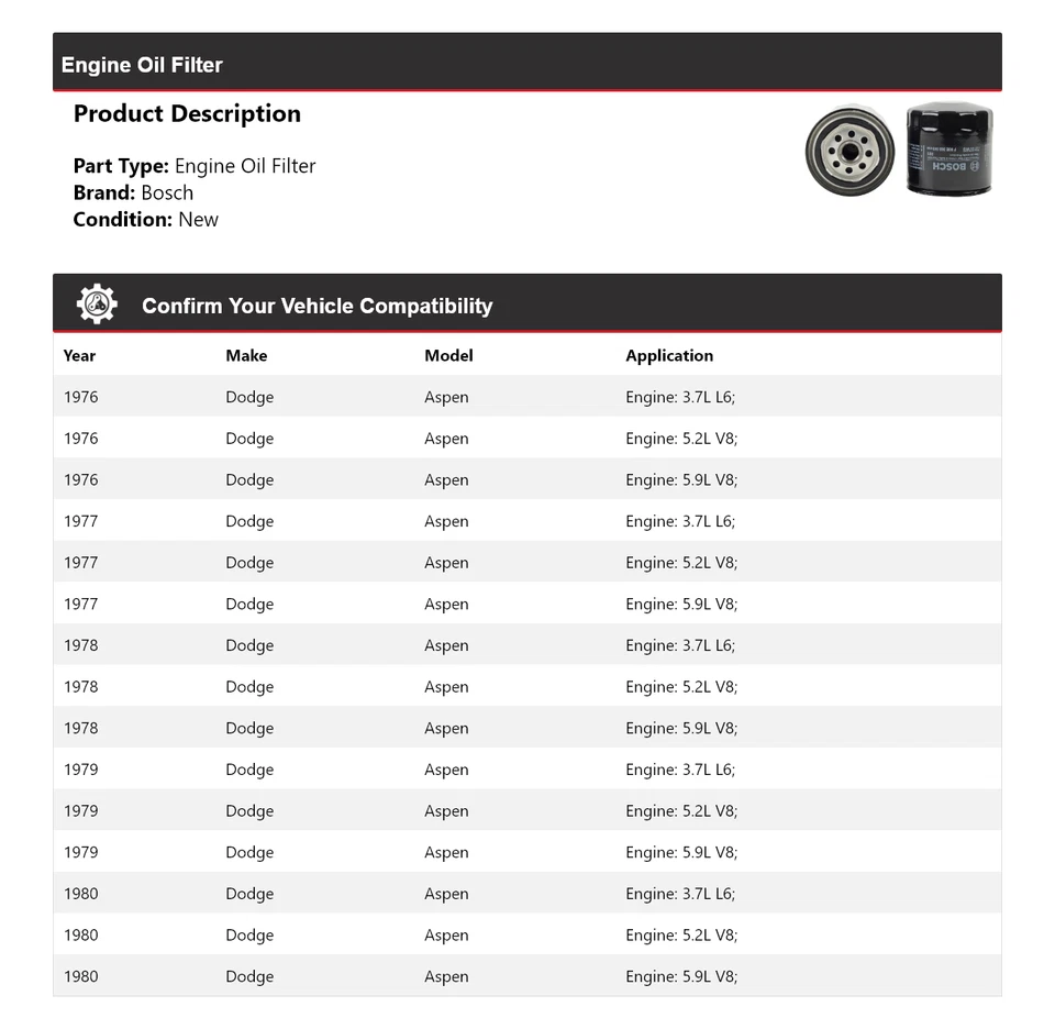 Filtro de aceite de motor para Dodge Aspen Bosch 1976-1980 1977 1978 1979 Foto 2 de 3