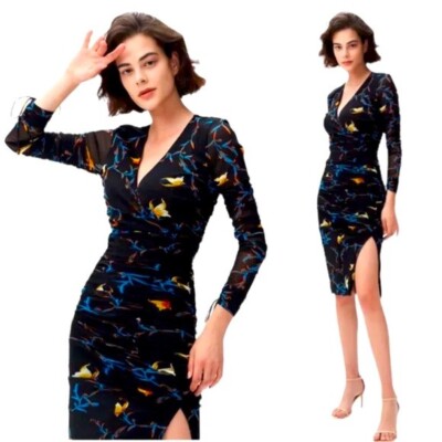 DIANE Von FURSTENBERG DVF Black Floral Print Mesh Ruched