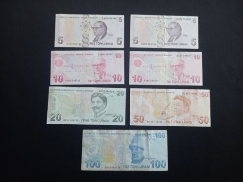 TURKEY 2x 5 + 2x 10 + 20 + 50 + 100 Banknotes - Circulated - Picture 2 of 2