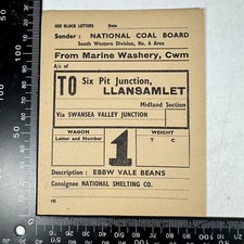 NCB National Coal Board Wagon Label Cwm Six Pit Junctn Llansamlet Swansea 1950s