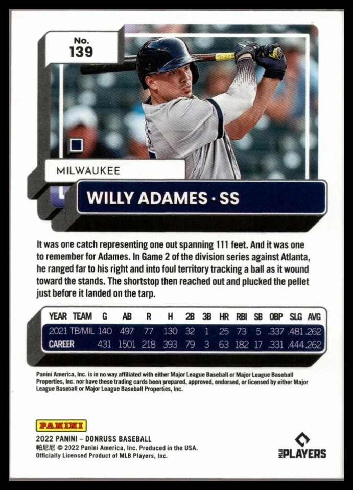 2022 Donruss Holo Purple #139 Willy Adames Milwaukee Brewers - Image 2 of 2