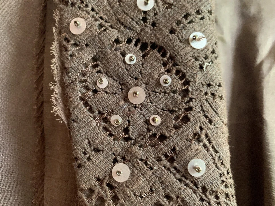 MONSOON Jacket 12 Brown Silk Linen Embroidered Lace Sequin Tie Long Sleeve - Image 4 of 4