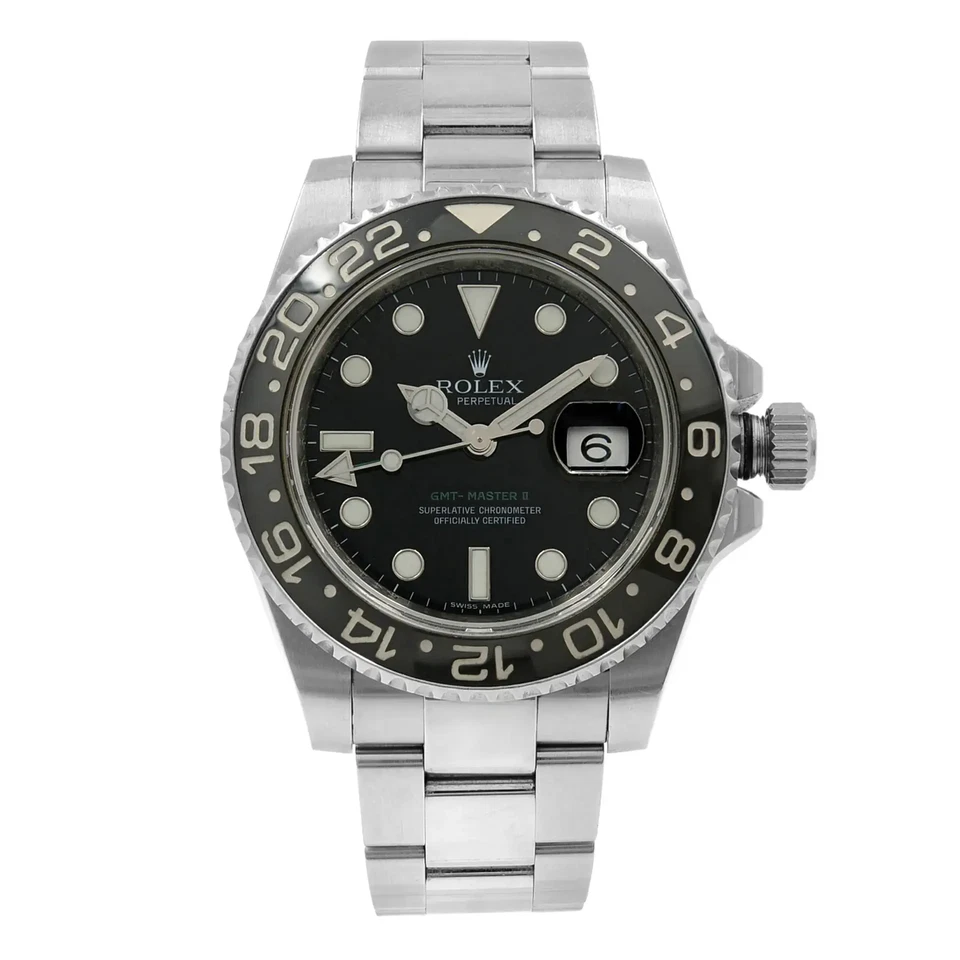 Reloj Rolex GMT-Master II negro esfera índice acero Oyster automático para hombre 116710LN