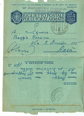 G226-II° WW., P.M.180, ITALY FOR ROSA', 211° COASTAL DIVISION, 1943