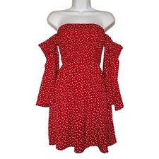 SHEIN White Heart Polka Dot Print Smocked Off Shoulder Flare Sleeve A-Line Dress