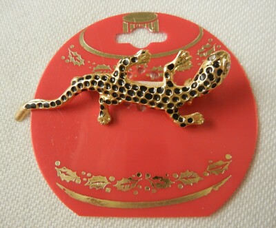 Gold Tone Gecko Lizard Brooch Pin w/ Black Enamel Spots