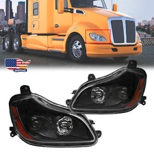 For Kenworth T680 2013-2021 Driver Passenger Headlights Headlamp Halogen Black