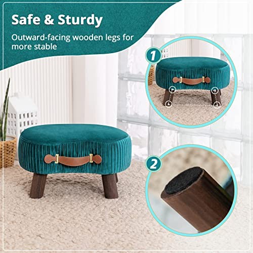 Small Curved Foot Stool with Handle, Velvet Footstool and Ottomans, Teal - Picture 6 of 7