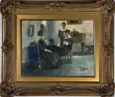 Wilhelm SCHREUER (1866-1933) "Interni in blu" scena di genere olio su tavola firmato