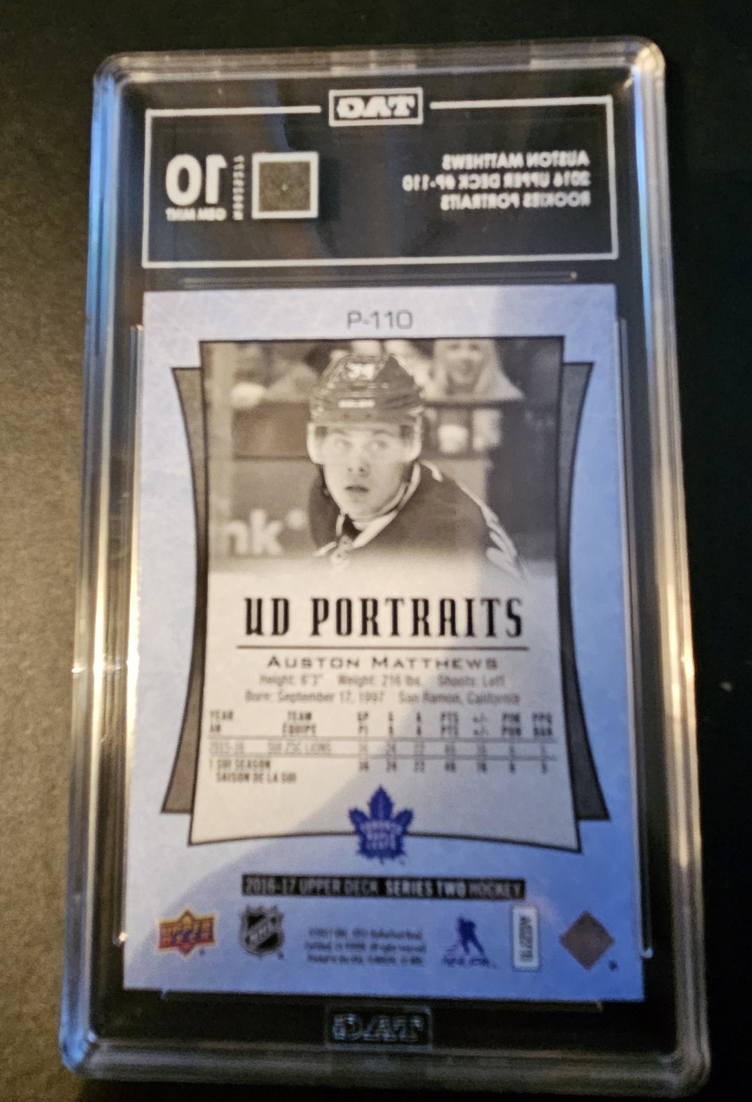 2016 Upper Deck Auston Matthews UD Portraits Rookie Card RC #P-110 TAG 10 Gem Mt view 2