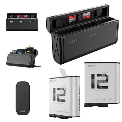 TELESIN 2 Enduro Akkus + Taschenladegerät Combo für GoPro Hero 12 11 10 9 Set