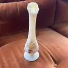 VTG Fenton Custard Satin Hand Painted Floral Signed Labeled Footed Bud Vase 8”