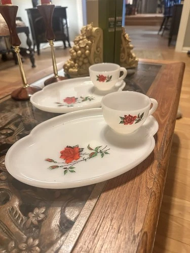 Set Of 2 Federal White Milk Glass ROSECREST Snack Sets Plate Cup Snacks