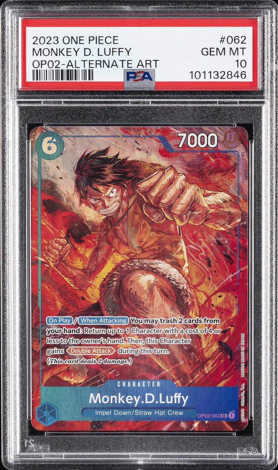2023 ONE PIECE OP02-PARAMOUNT WAR ALTERNATE ART #062 MONKEY D. LUFFY PSA 10