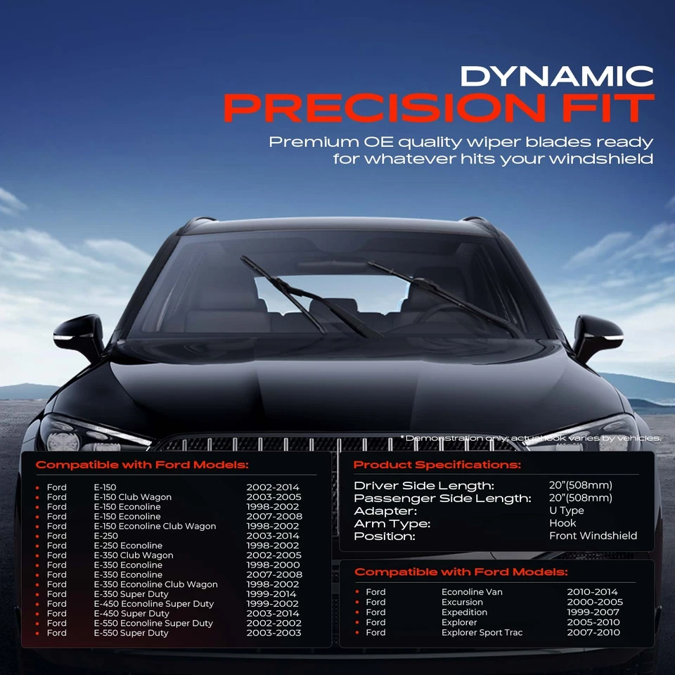 2 piezas limpiaparabrisas delantero de 20" y 20" para Ford Explorer Expedition E-150 Foto 2 de 4
