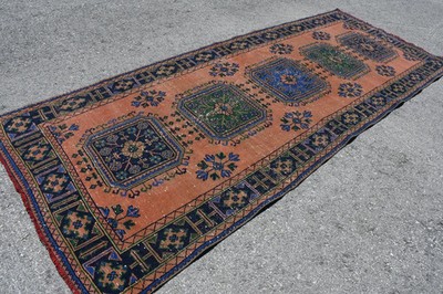 Turkish 4,3x11,1 ft Rug, Runner Vintage Rug, Orange Blue Moroccan Rug