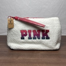Victoria's Secret PINK white Sherpa Cozy Plush Fleece Cosmetic Beauty Bag