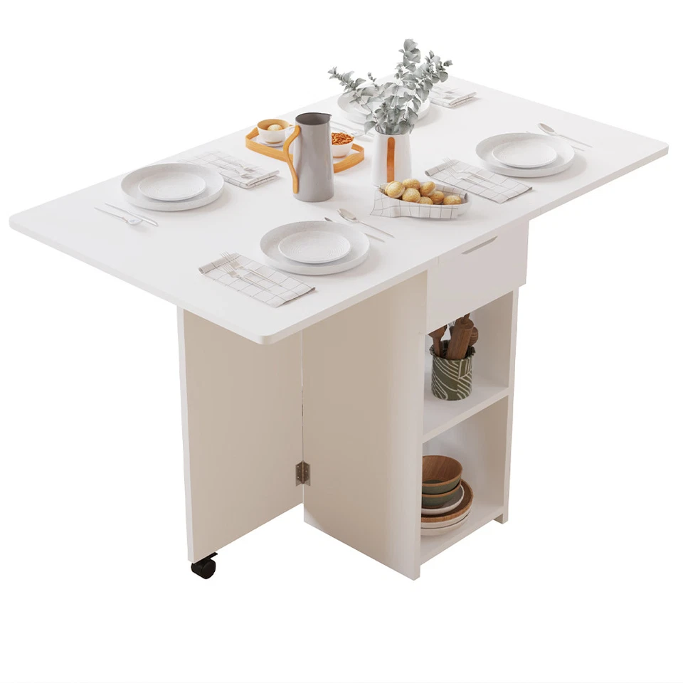 Tavolo da Pranzo Pieghevole Salvaspazio Bianco 2 Ruote Casa Ufficio 120x77x75cm - Immagine 3 di 4