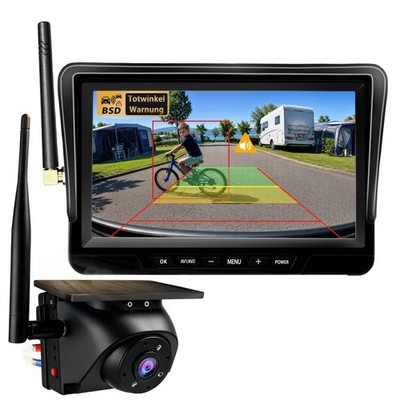 Kabelloses Rückfahrkameraset 7 Zoll Monitor 1080P Akku Solar BSD bis 25 m