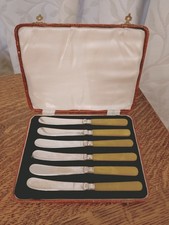 Vintage ART DECO Set 6 Yellow Handle TEA / BUTTER KNIVES - Silver Plated - 1930s