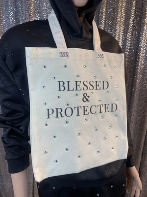Blessed & Protected Tote Bag   Handmade Canvas Bag with Rhinestones