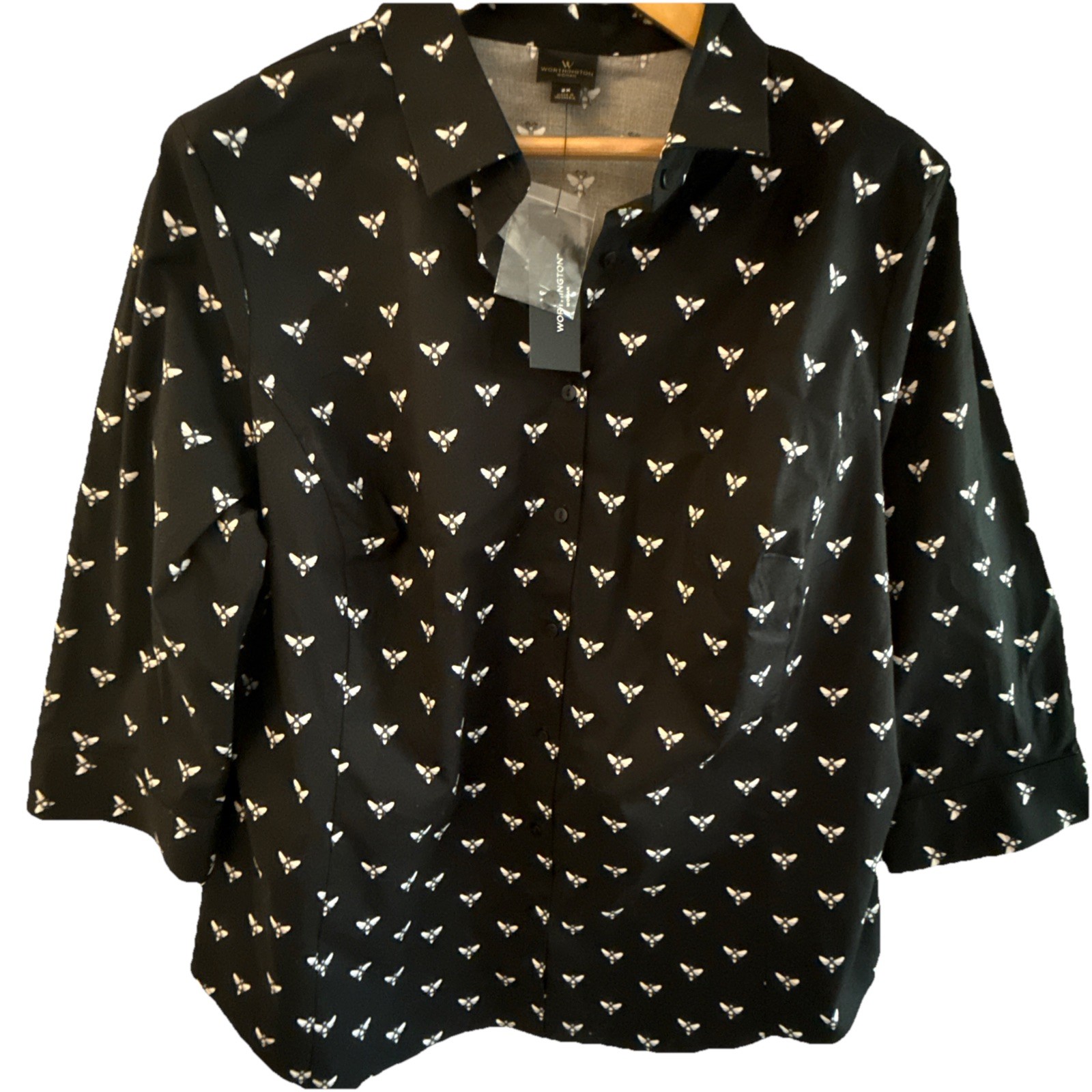 Worthington Woman 2X White Black Bee print 3/4 Sleeve Button Down Shirt