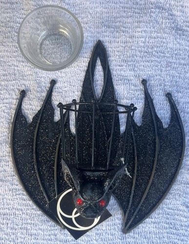 Vintage Dept 56 Halloween Bat Wall Mount Glittery Black Sconce Votive 8.5" Rare - Picture 4 of 6