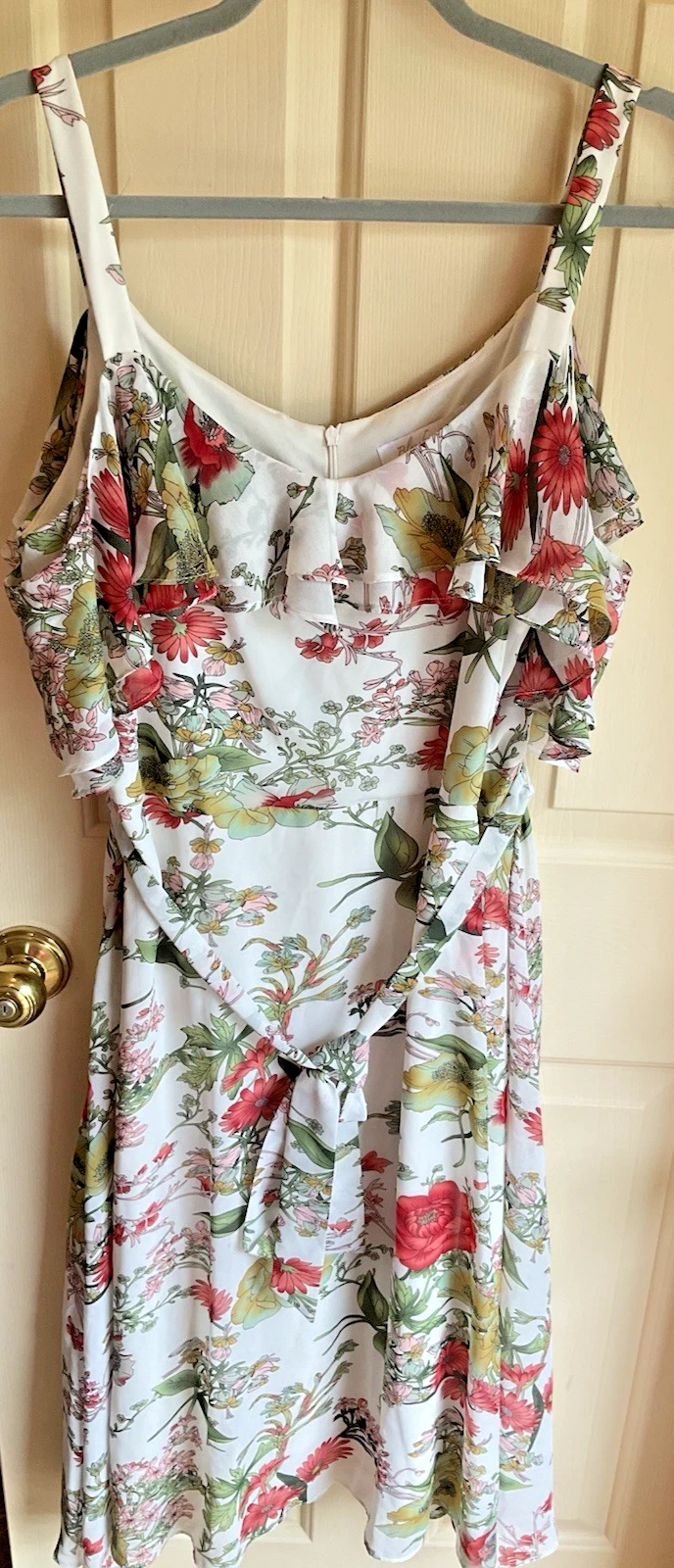 OFF WHITE Abito Bleecker 126 taglia 16 floreale volant trasparente foderato spalle scoperte bianco floreale