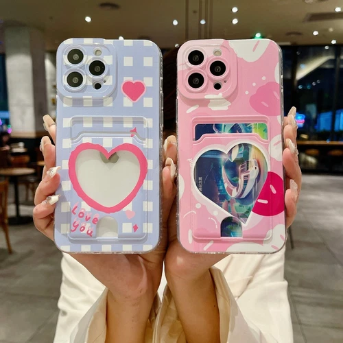 Cute Cartoon Grid Heart Wallet Card Bag Shockproof Case Cover For Various Phone