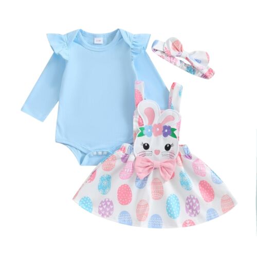 Newborn Baby Girl Easter Outfit Ruffle Long Sleeve Romper Cartoon Bunny Suspe...