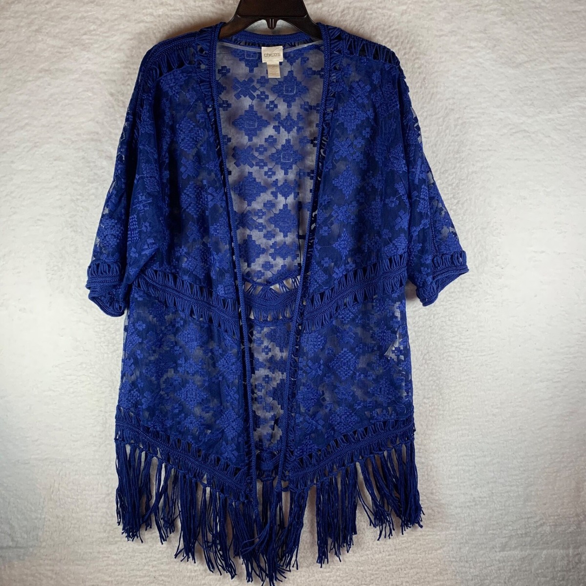 Chico's Women's Blue Crochet Fringe Semi Sheer Open Front Cover Up Cardigan  Sz