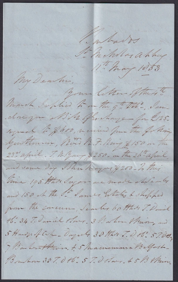 BARBADOS: (19364) ABADÍA DE SAN NICHOLAS/coronado Circ. Cancel/Via St.Thom cubierta 1853 Foto 3 de 4