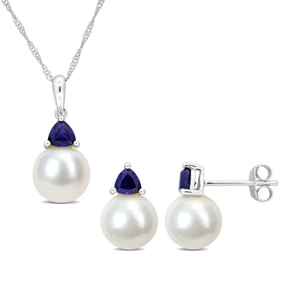Amour 10K White Gold Pearl & Created Blue Sapphire Chain, Pendant & Earrings Set