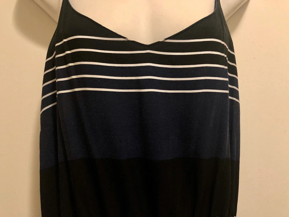 Usado en Excelente Condición Antiguo Azul Marino Retro Boho Negro Azul Rayas Hi Lo Cami Maxi Vestido L Foto 4 de 4