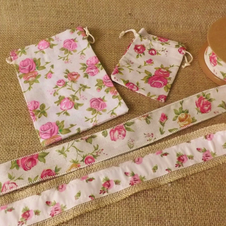 Hessian Jute Floral Rose Cotton Linen Sacks Party Bag Gift Pouch Wedding Favours - Image 2 of 4