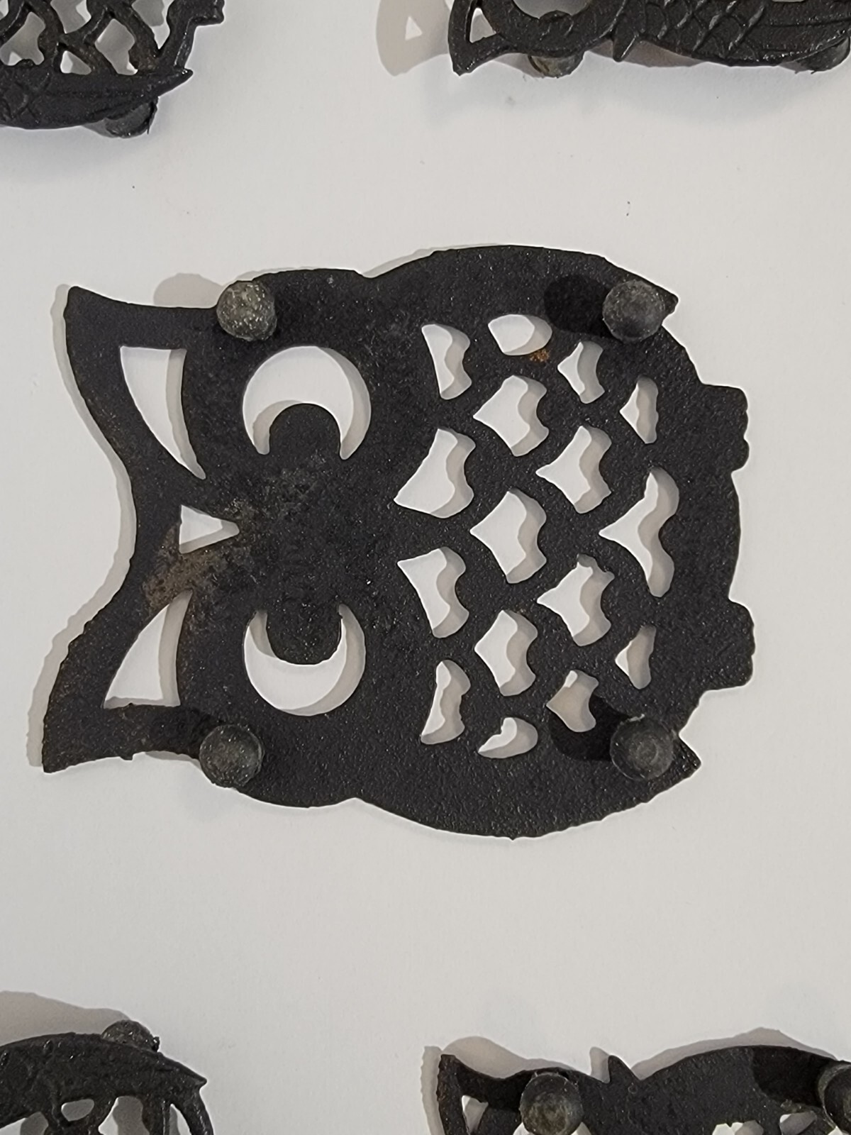 VINTAGE—1 Large Black Cast Iron Owl Trivet With 4 Small Coasters / Owl