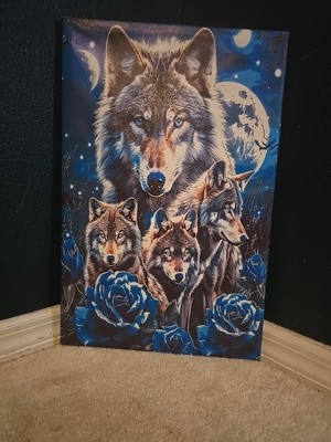 Majestic Wolves Moonlight   14x22 Gallery Wrapped Canvas Blue Rose Wildlife Art